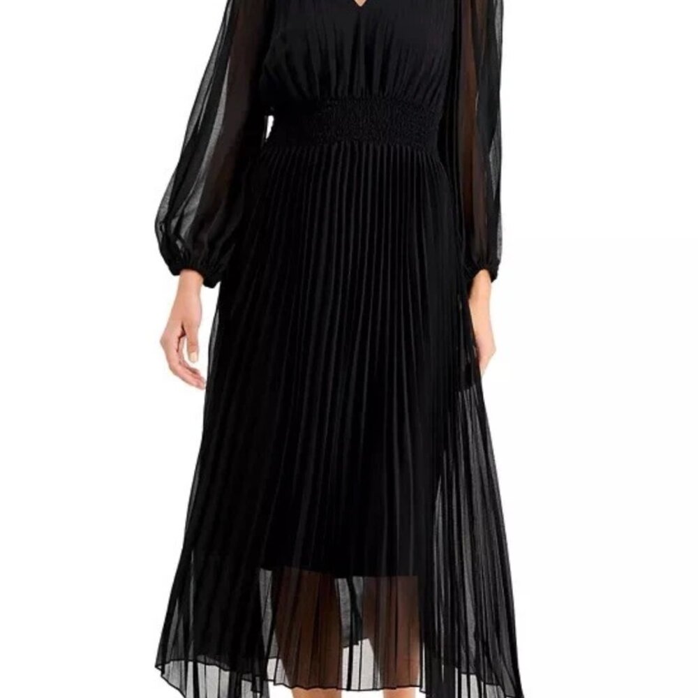 JUST TAYLOR Black Pleated Skirt 3/4 Sleeve Midi Dress Chiffon Black sz 8 - Picture 4 of 8